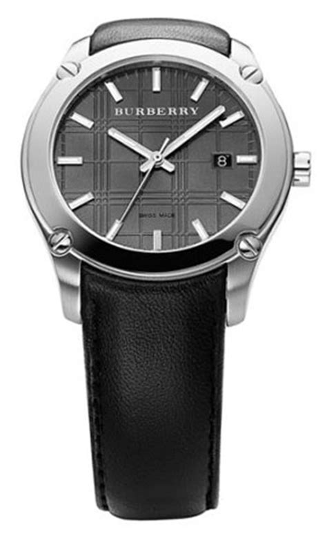 Burberry Men's BU1860 Herringbone Leather Strap Grey Dial Watch